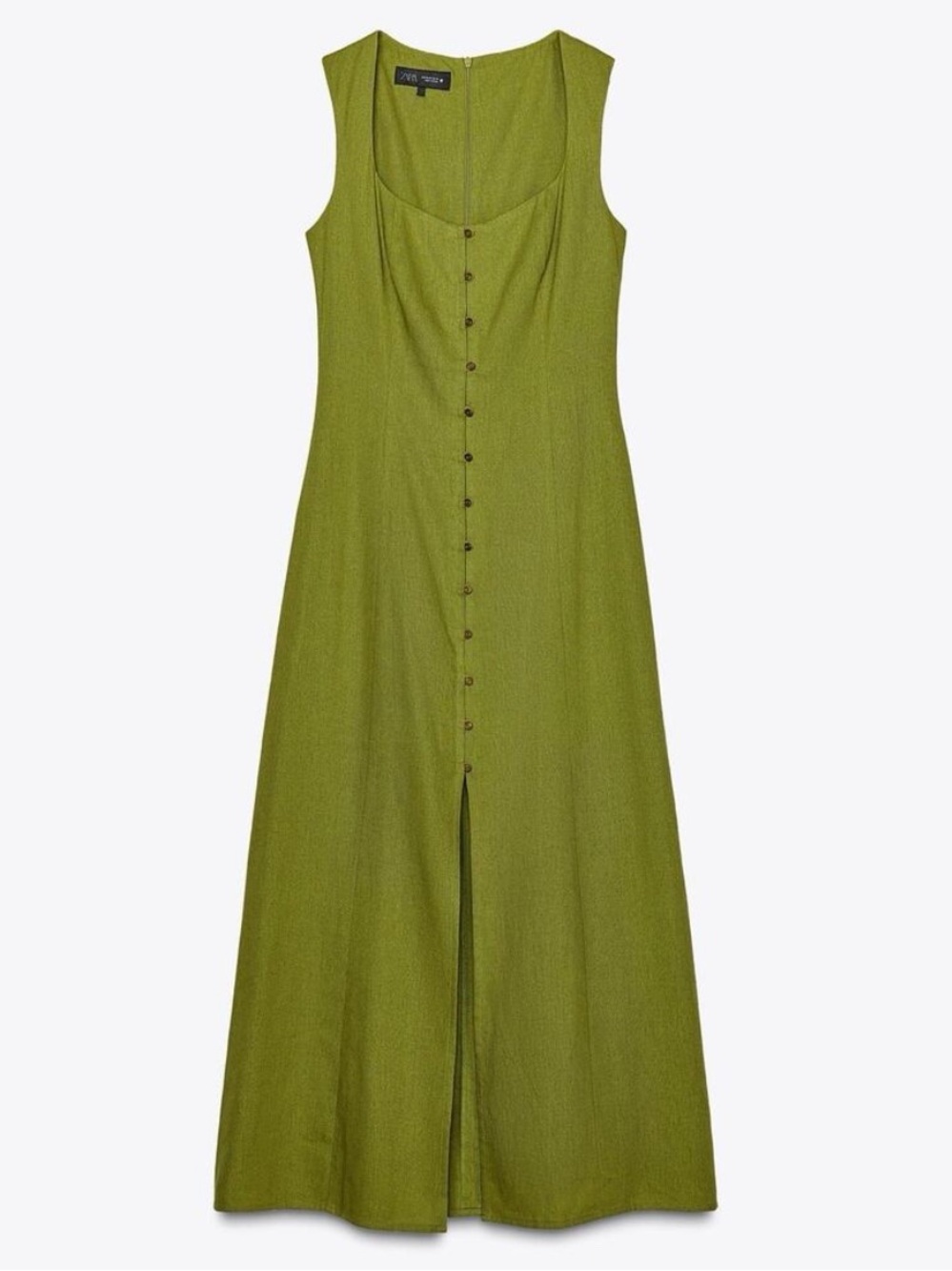 Zara Linen-Blend Olive Green Button-Front Maxi Dress